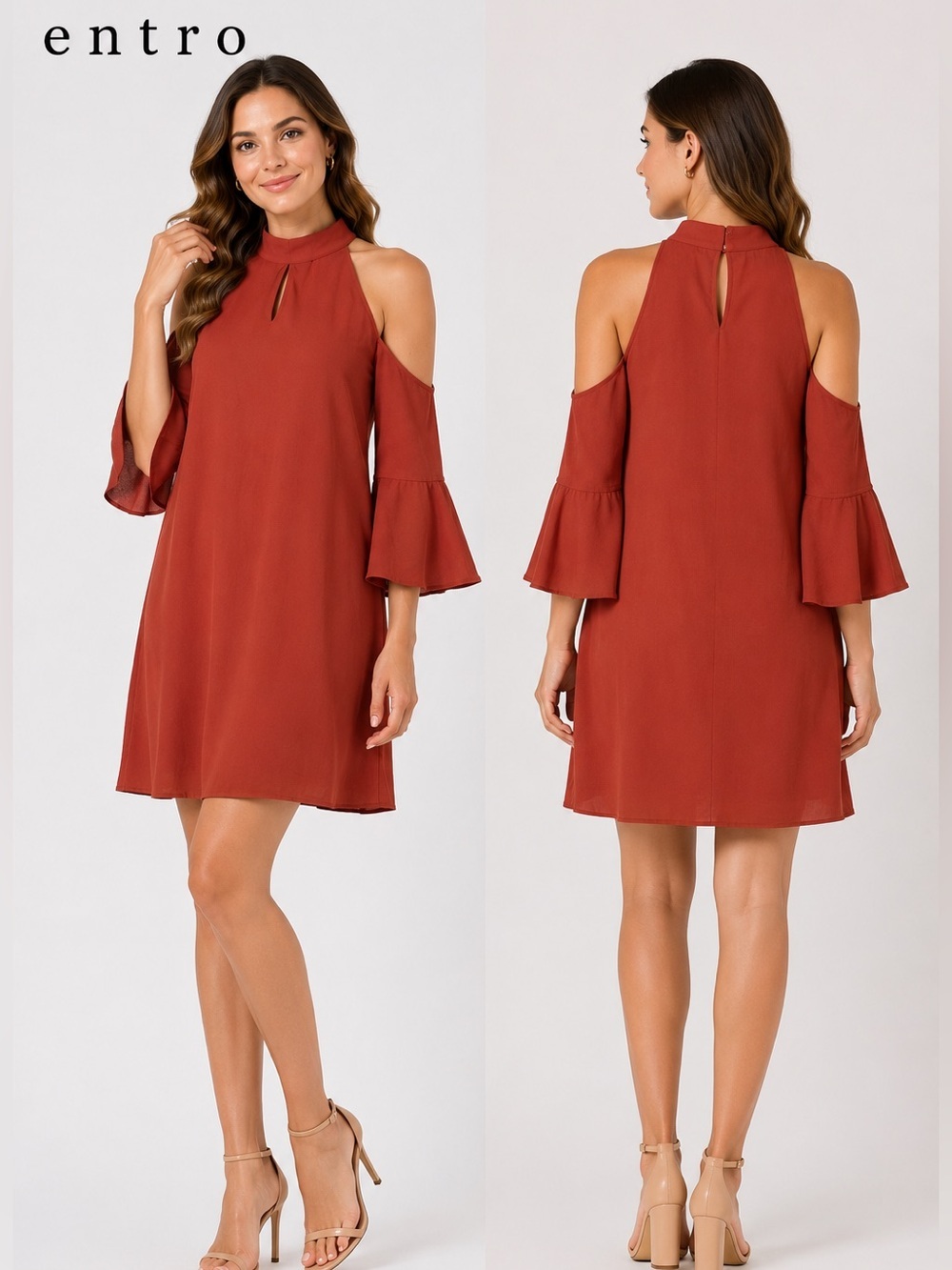 Entro Rust Cold Shoulder Bell Sleeve Shift Dress Small Boho Mock Neck Boutique